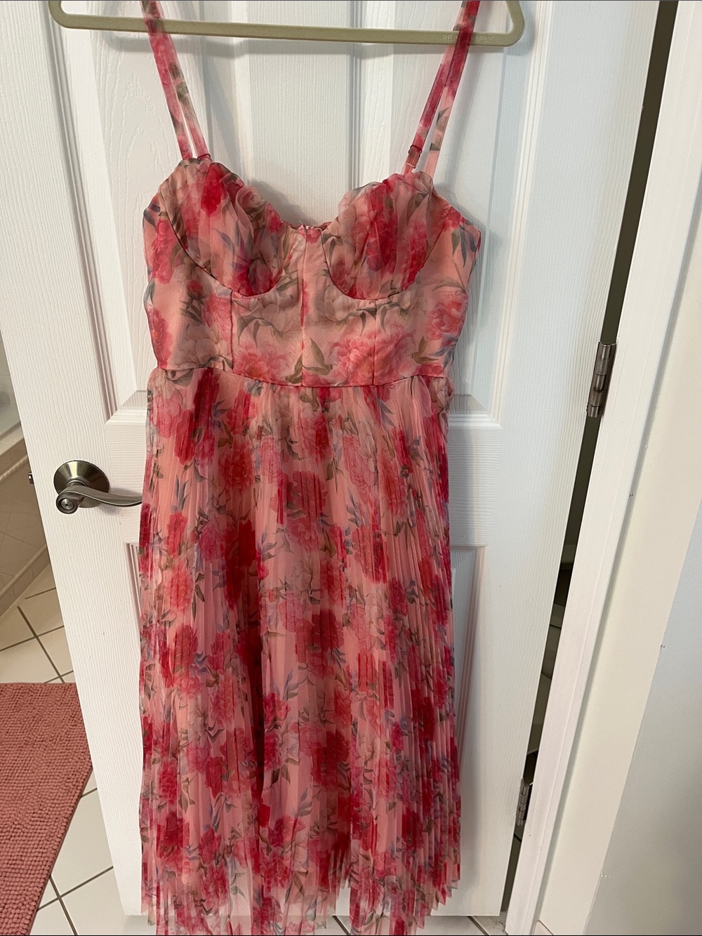 Pink Floral Pleated Midi with Sweetheart Bodice